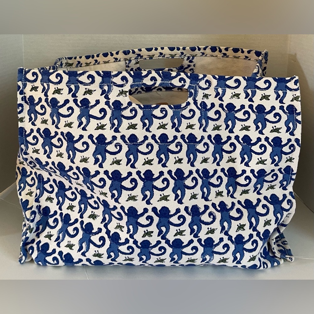 NWOT Roberta Roller Rabbit Blue Monkey Print Canvas Storage Box Bag Large